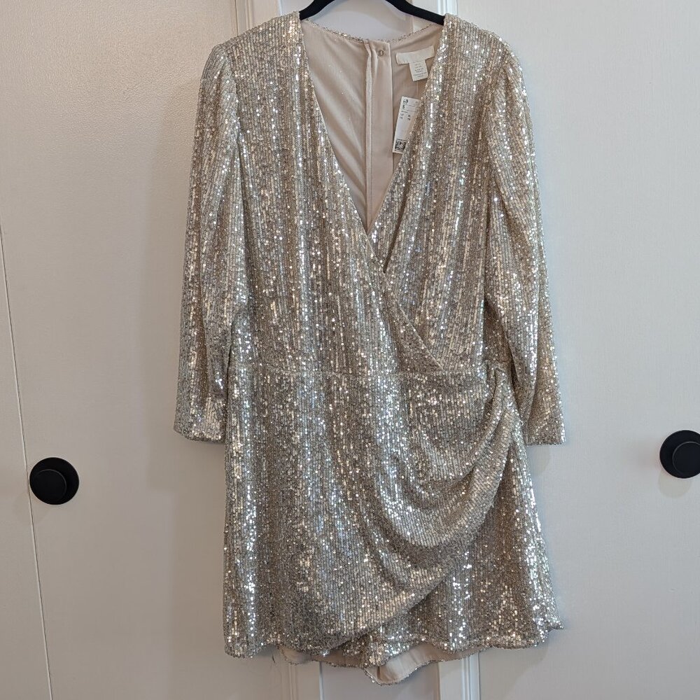 H&M Champagne Sequin Jumpsuit with Skort Detail Size XL NWT